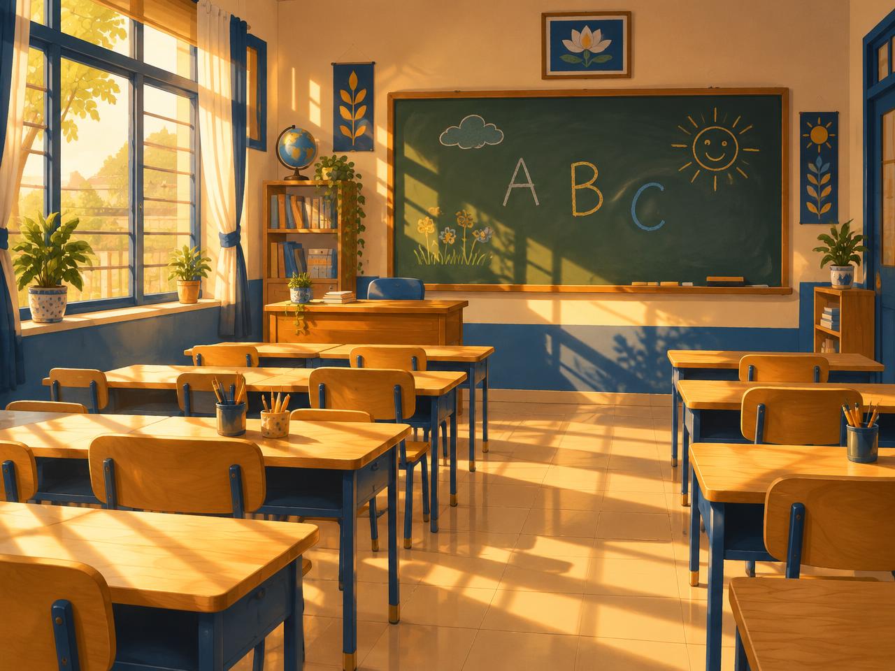 Minh họa lớp học tiểu học đầy nắng sau giờ học
